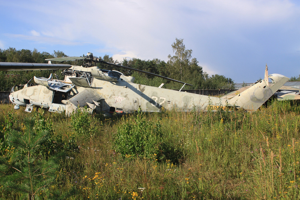 A Russian Air Force Mi-24P with its fixed side-mounted twin-barrel 30mm cannon.