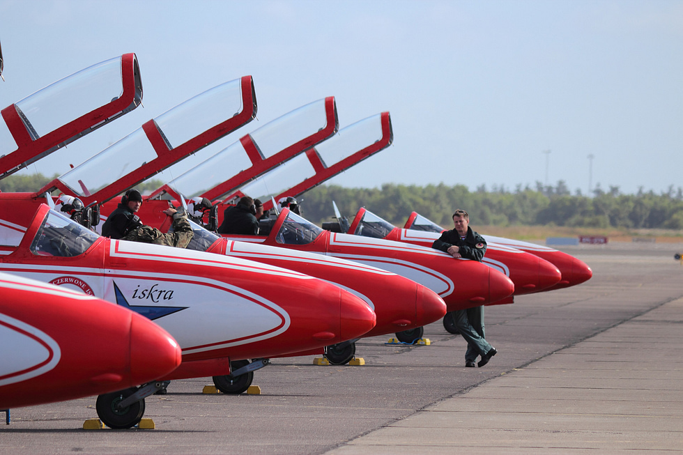 White-and-Red Sparks Iskras performing abroad at a Danish air show.