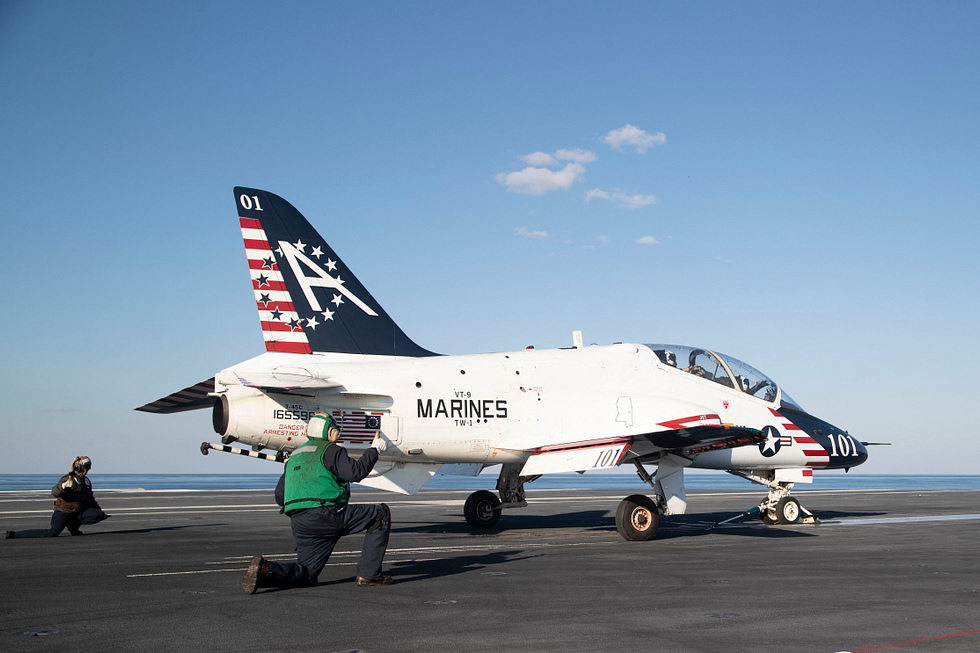 A T-45C of Training Squadron Nine aboard the newest carrier, USS Gerald R. Ford, in 2020.