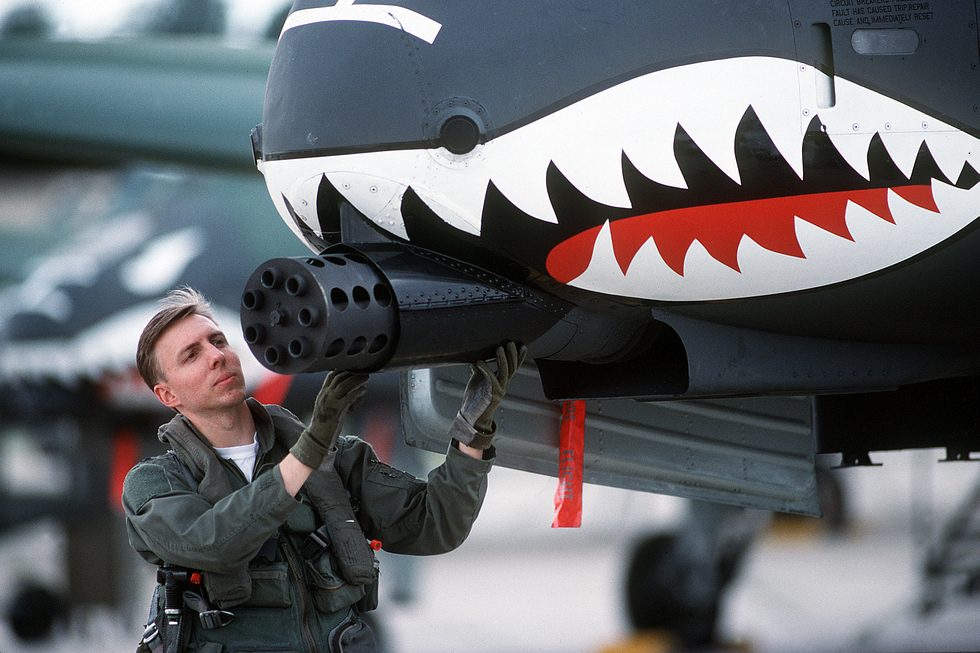 Close-up of the A-10 nose and the muzzle of its seven-barrel GAU-8 cannon.
