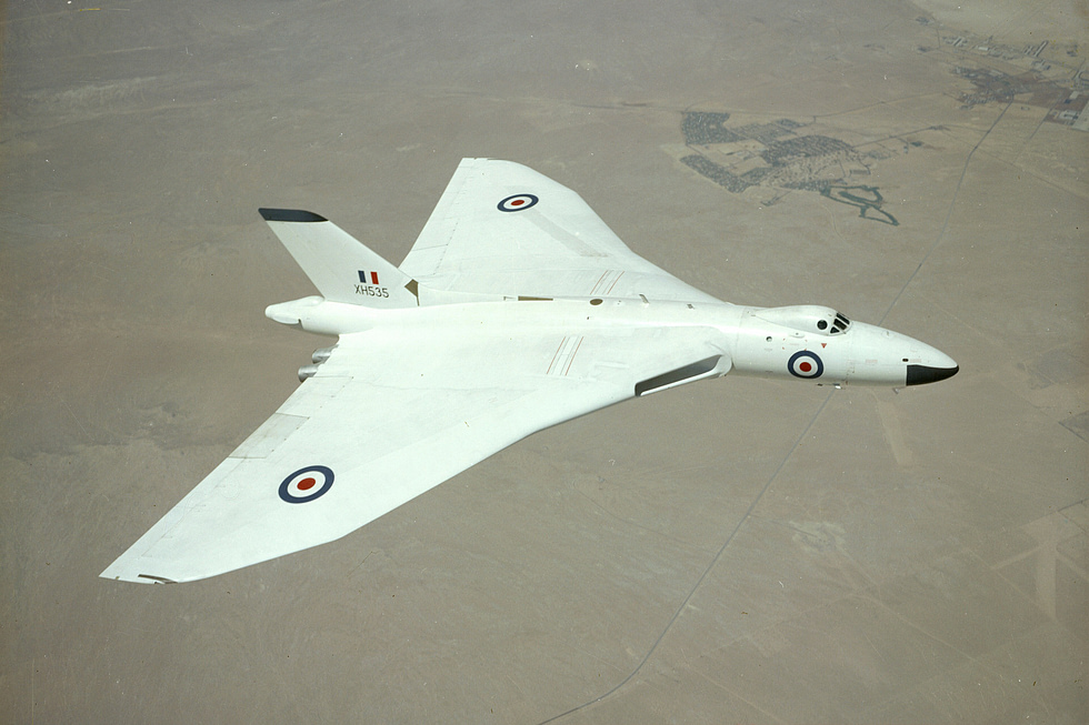 A Vulcan B.2 in flight near Edwards Air Force Base, California, in 1961 the Cold-War bomber at height.
