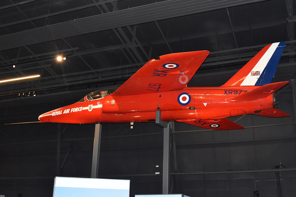 A Folland Gnat T.1 in the red display colours that made the type the Red Arrows original mount.