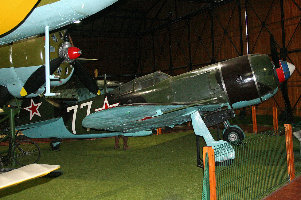 A preserved La-7 marked 77 white the clean, compact lines of the late-war fighter.
