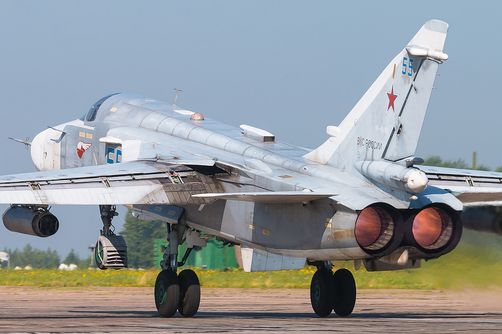 A Su-24 rotating on takeoff, wings spread to the forward 16-degree setting.