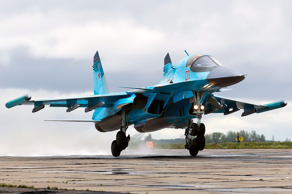 A Su-34 in side profile the flattened forward fuselage and wide cabin are clear.