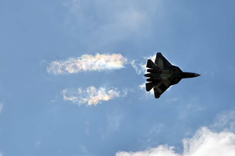 A Sukhoi Su-57 (T-50) displaying at an airshow the type is a frequent MAKS performer.