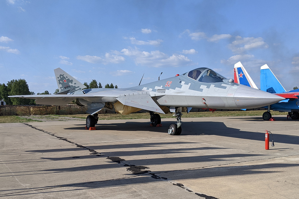 A Su-57 on static display its main weapons are carried internally between the engines.