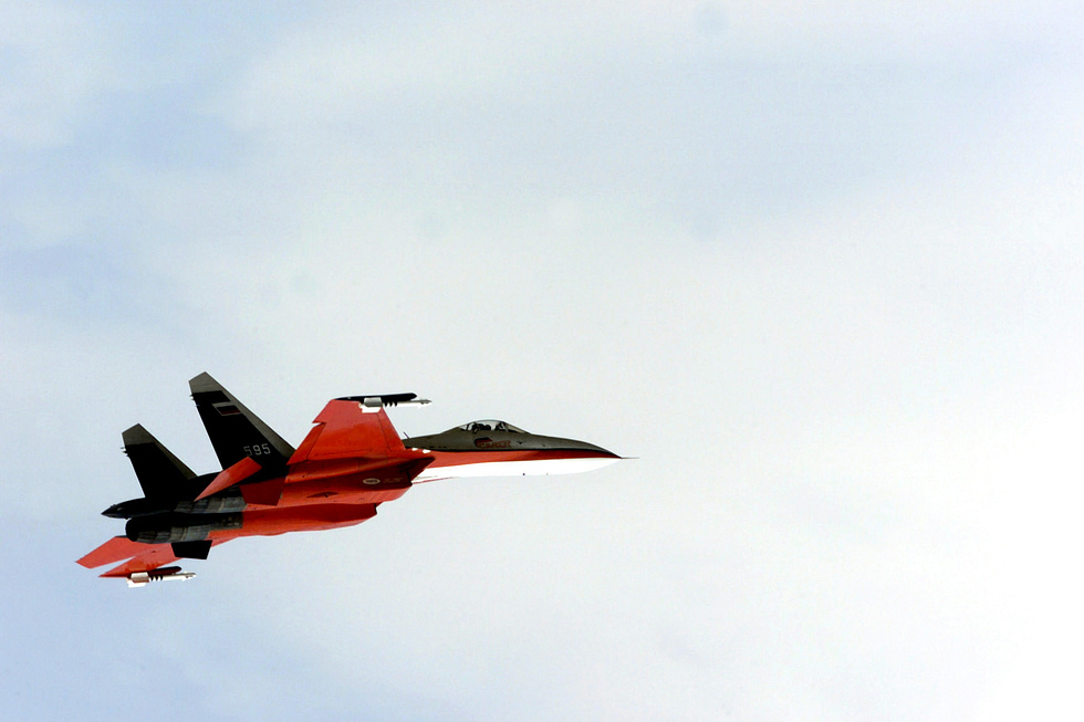 A Su-27 Flanker performing a single-ship airshow display.