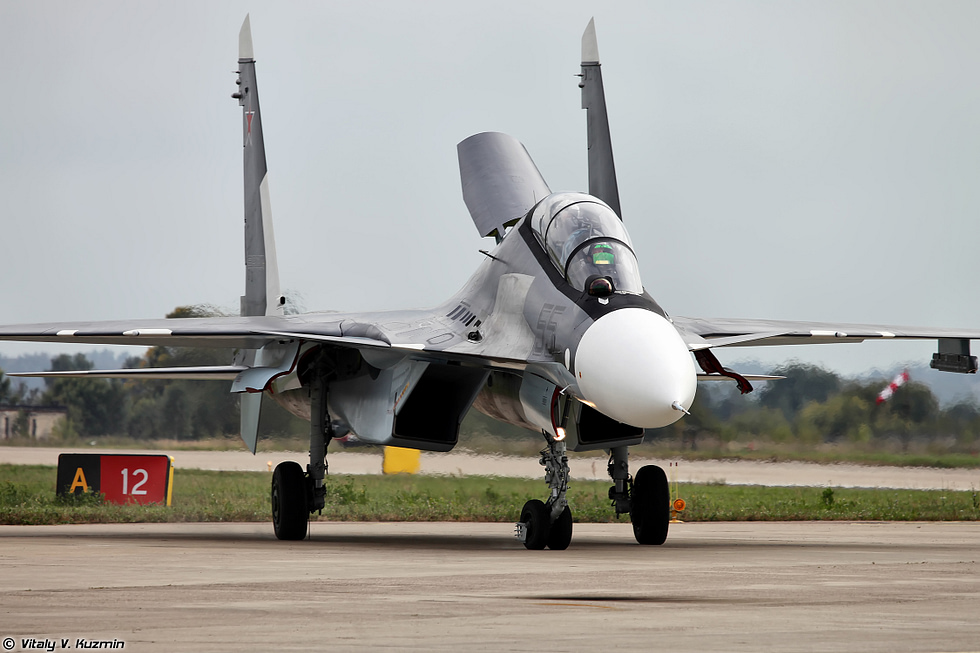 A Russian Su-30SM on show at MAKS the type famous for post-stall airshow displays.