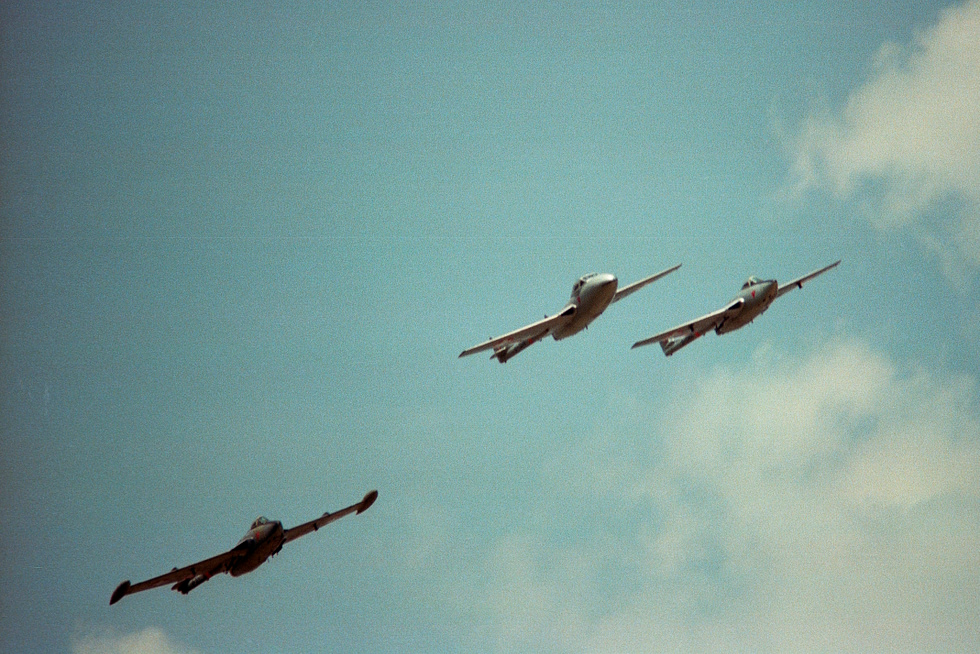 Swiss Air Force de Havilland Venoms and Vampires in formation in 1982, a year before the Venoms final retirement.