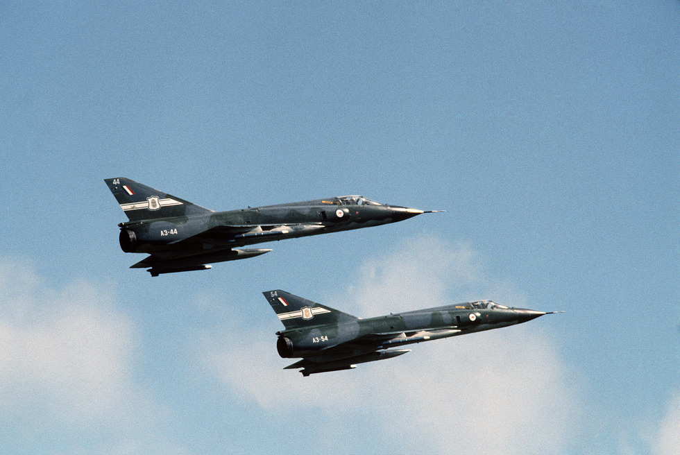 A pair of Royal Australian Air Force Mirage IIIs in formation.