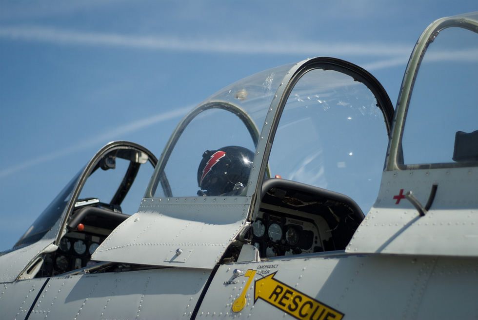 Inside the tandem cockpit of a North American T-28 Trojan trainer.
