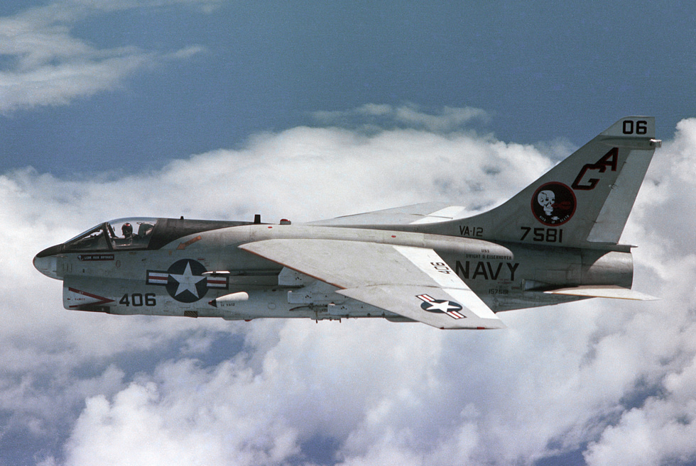 An A-7E of VA-12 cruising in flight, circa 1979.
