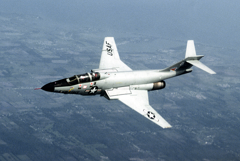 A U.S. Air National Guard F-101B Voodoo banking in flight in 1978 the two-seat interceptor variant.