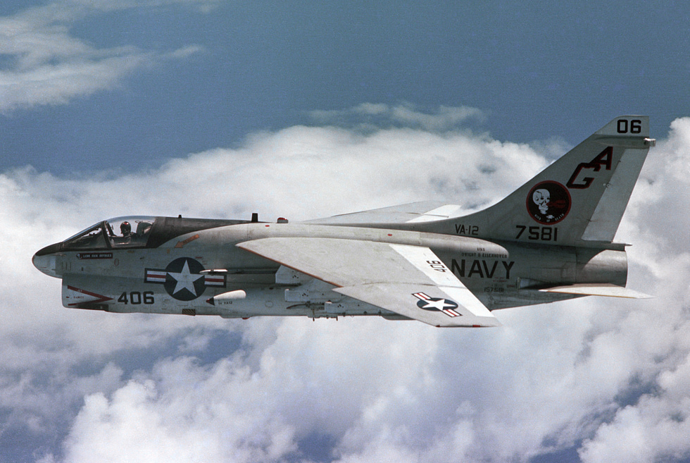 An A-7E of VA-12 cruising in flight, circa 1979.