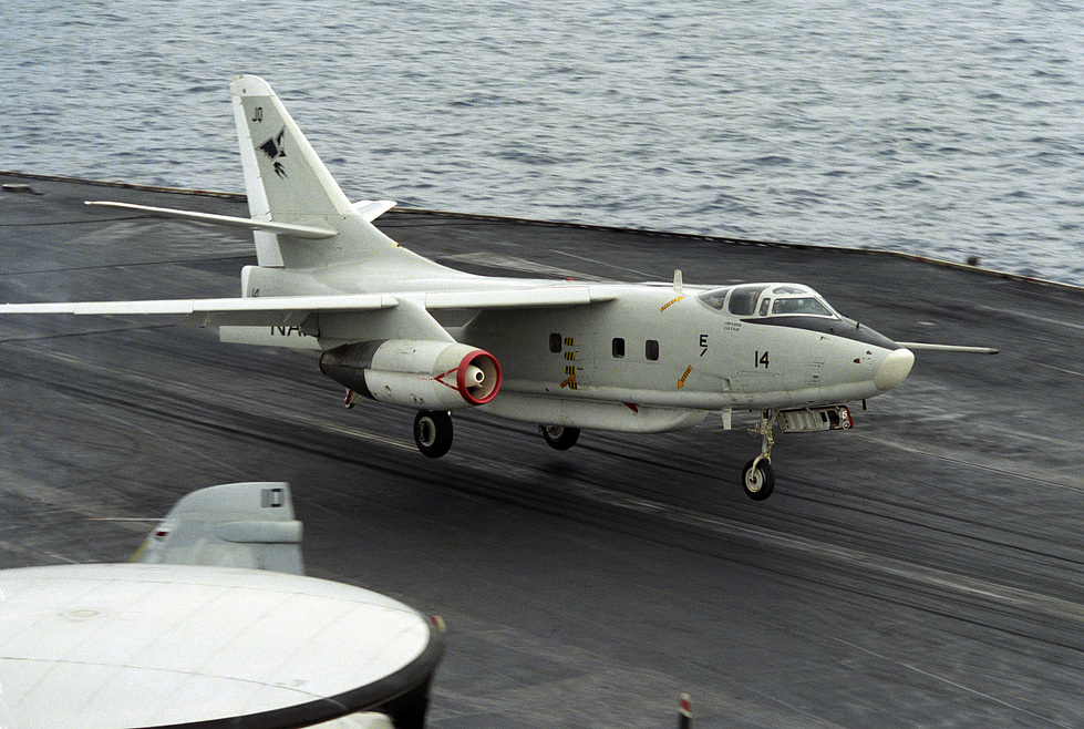 An EA-3B electronic-reconnaissance Whale of VQ-2 lifts off USS Saratoga, 1986 a spy plane with a crew of seven.