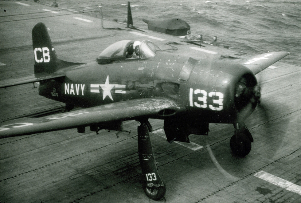 An F8F-1 Bearcat on the flight deck of USS Monterey during carrier qualifications, 1951.