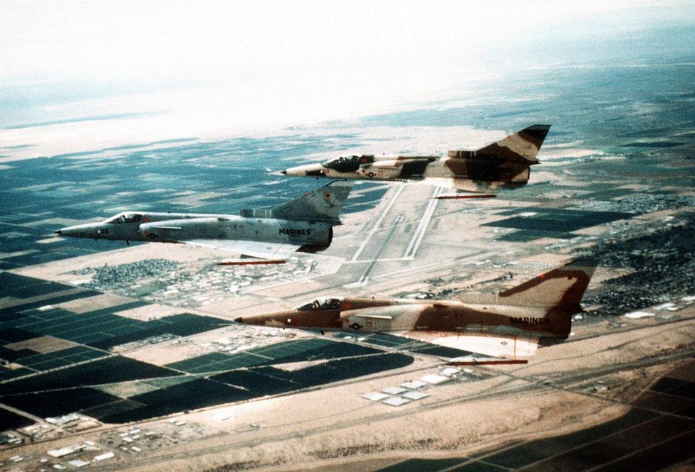 F-21A Lion adversary Kfirs of U.S. Marine squadron VMFT-401 in formation, 1988.