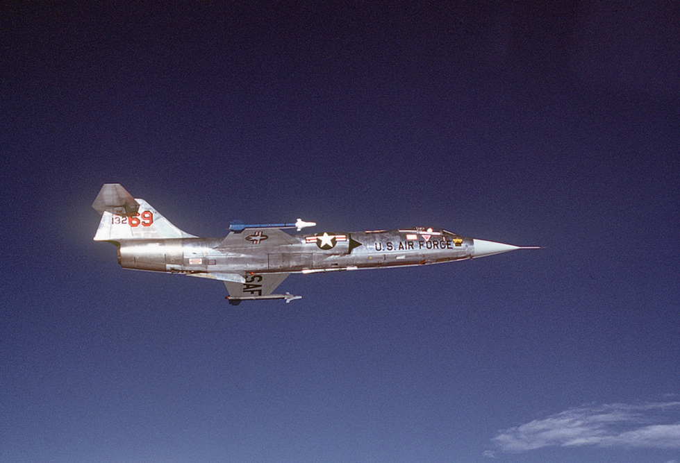 A Lockheed F-104G Starfighter in flight near Luke AFB the tiny knife-edge wings on full display.