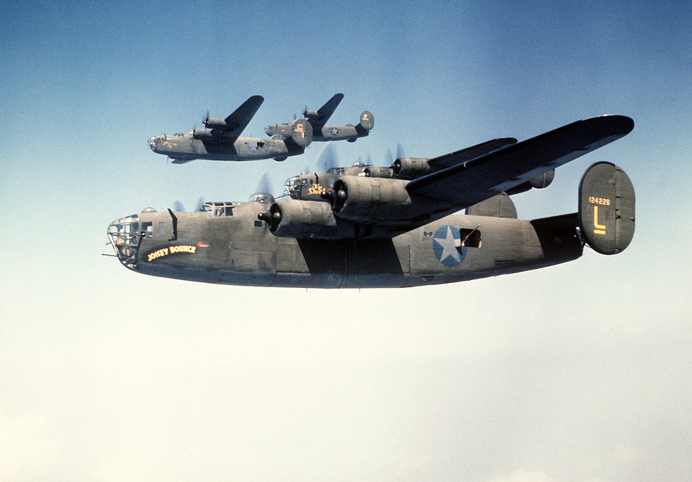 B-24D Liberators of the 93rd Bomb Group in formation over Europe, 1943.