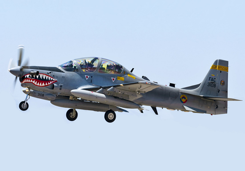 A Colombian Air Force A-29B on takeoff an early combat operator against the FARC.