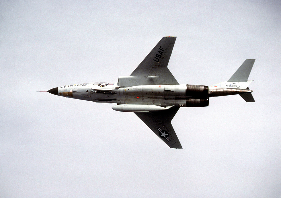 An F-101B seen from below in 1978, showing the twin-engine planform and swept wing of the Voodoo.