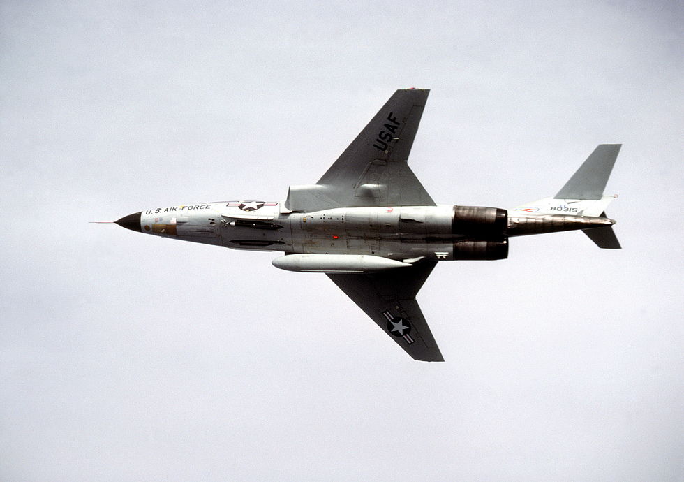 An F-101B seen from below in 1978, showing the twin-engine planform and swept wing of the Voodoo.