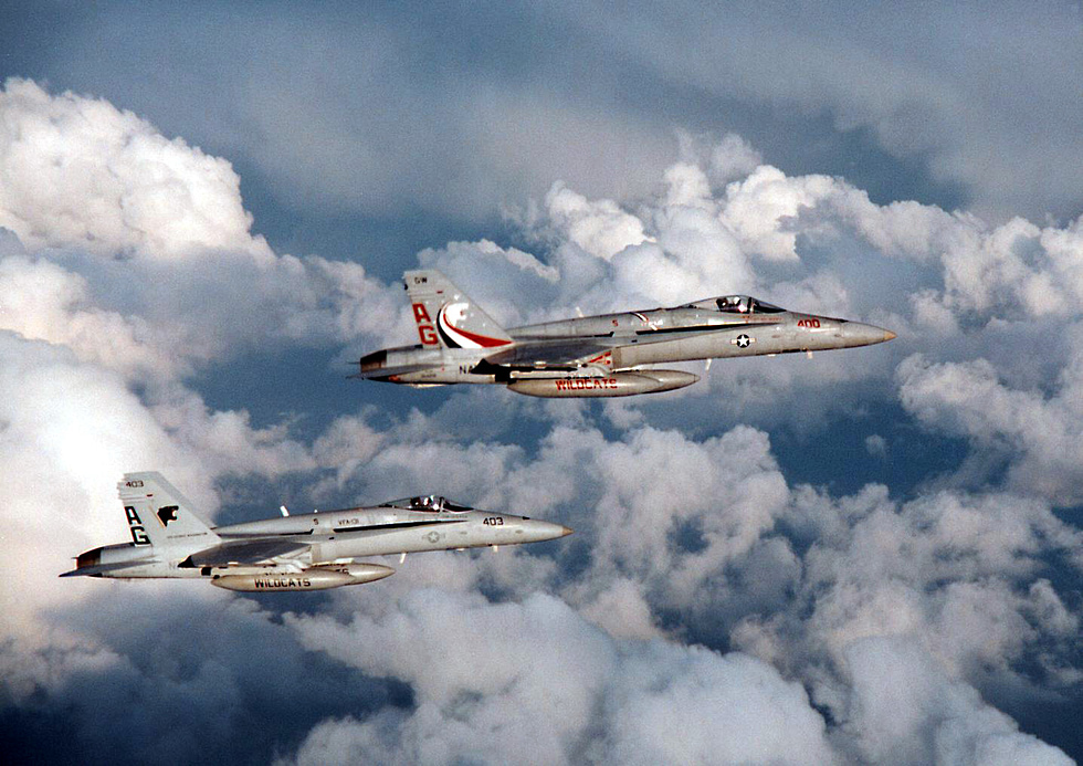 Two F/A-18C Hornets of the VFA-131 Wildcats on patrol a US Navy strike-fighter pair.