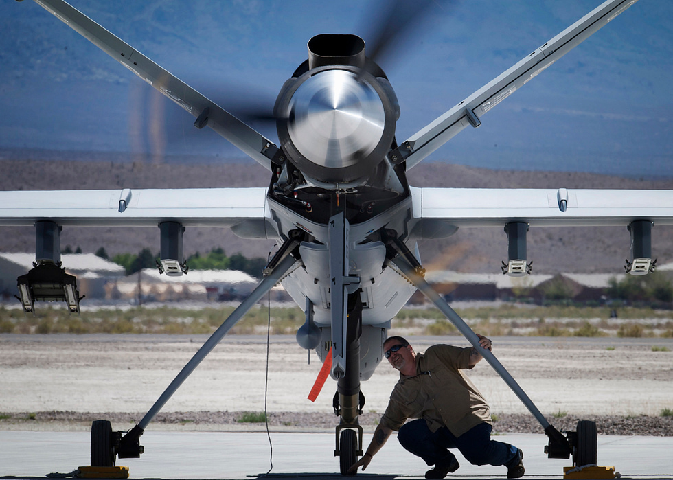 Ground crew service the Reapers Honeywell turboprop the engine behind its 27-hour endurance.
