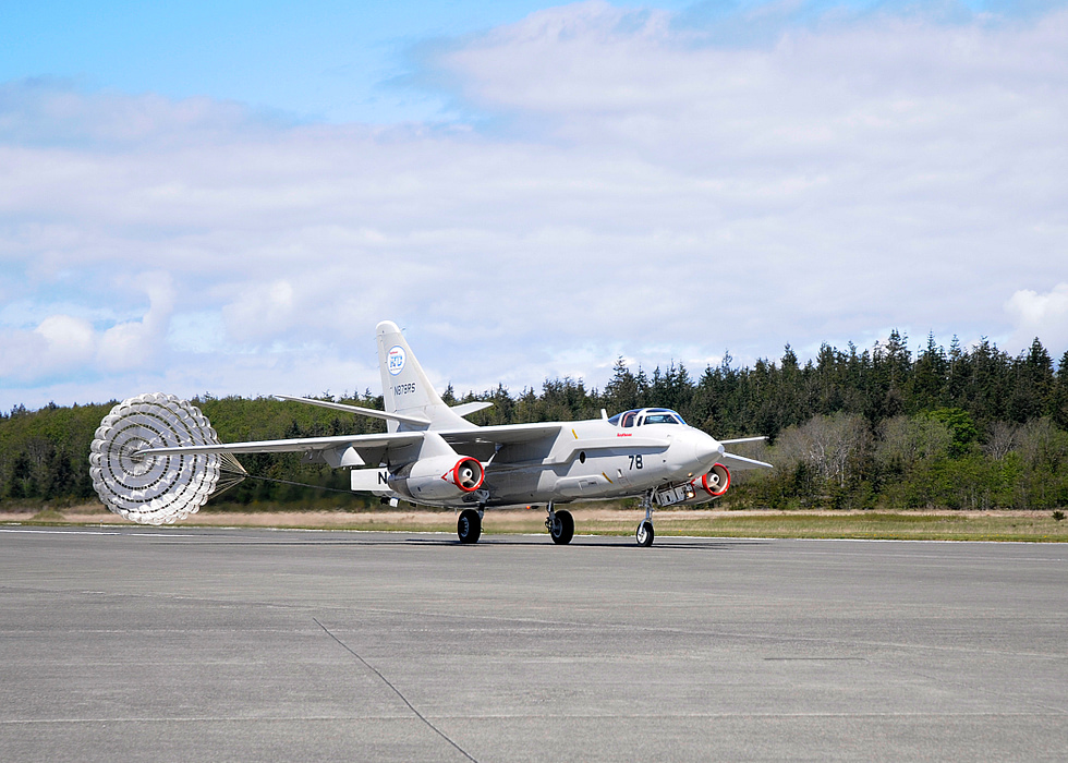 A preserved A-3 deploys its drag chute on landing at NAS Whidbey Island, 2011 a surviving Whale still moving under its own power.