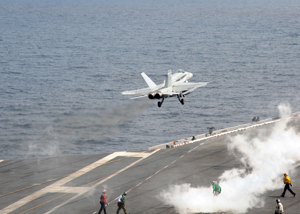 An F/A-18E of Strike Fighter Squadron VFA-131 catapulting off a Nimitz-class carrier.