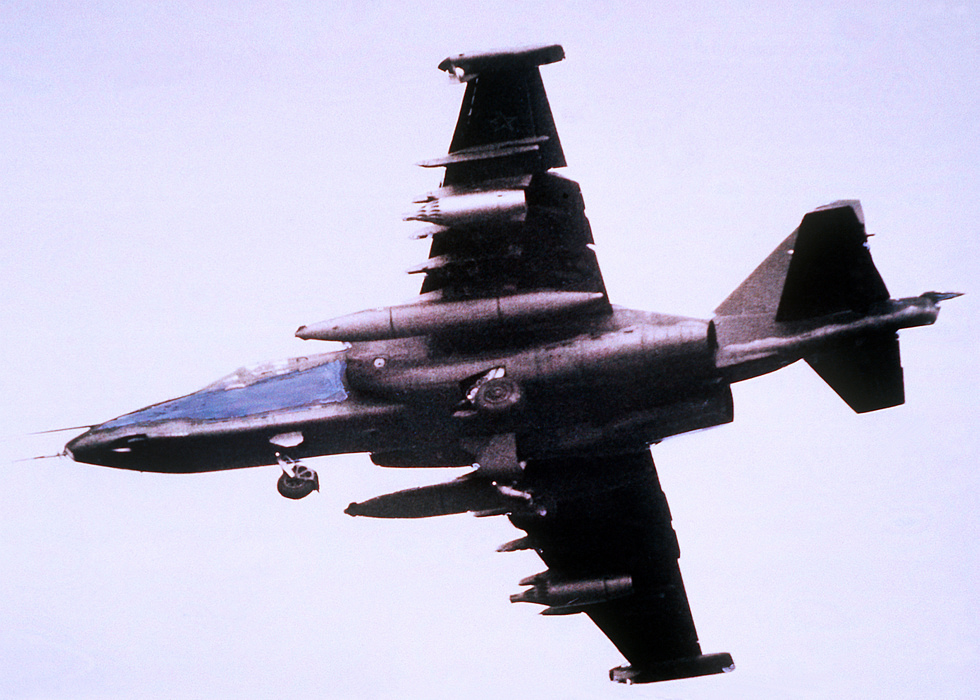 A Su-25 in flight the Soviet-designed close-air-support jet built around armour and firepower.