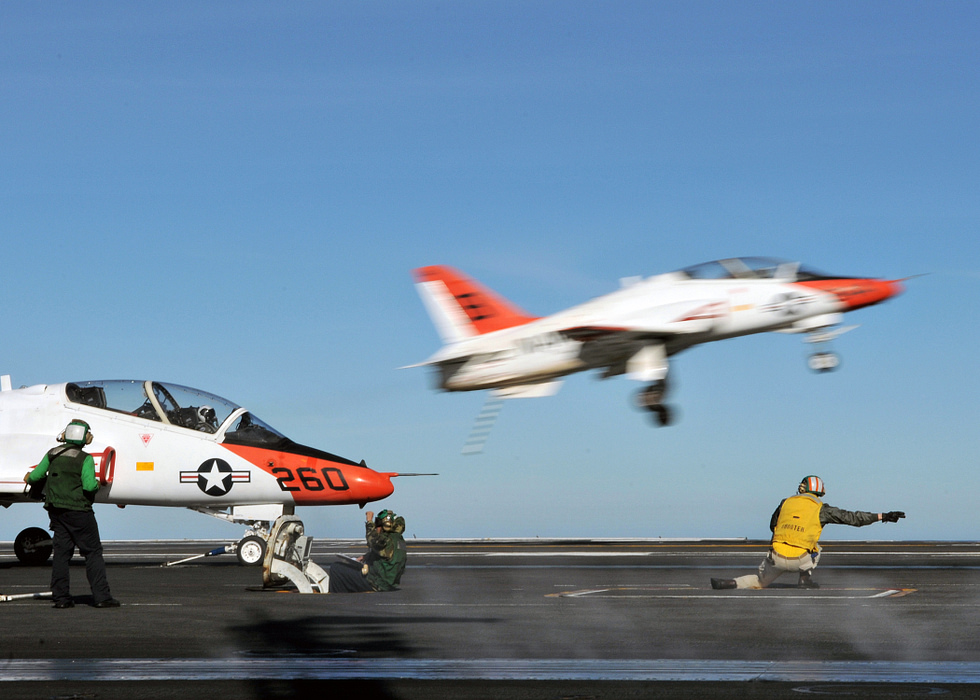 A Goshawk launches from a carrier catapult during carrier qualifications the moment the jet was rebuilt for.