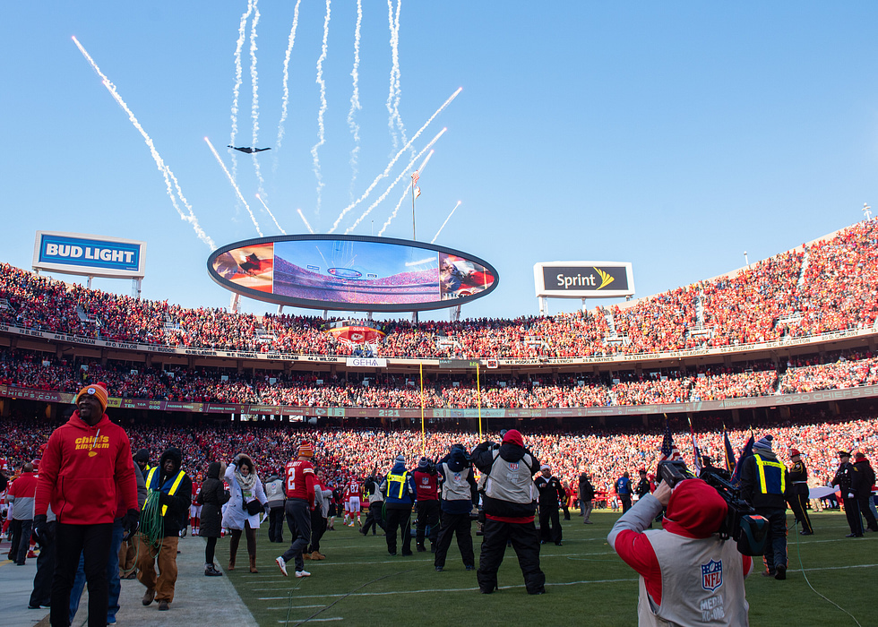 A B-2 from Whiteman AFB on a stadium flyover a familiar sight over American skies.