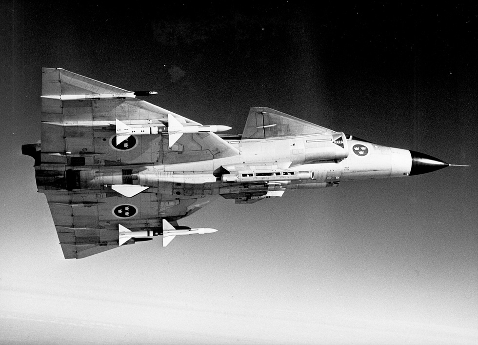 A preserved Viggen airframe the shape that patrolled Swedens skies for three decades.