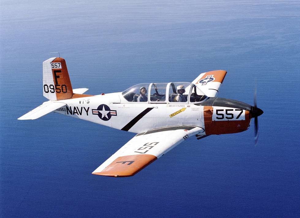 A US Navy Beechcraft T-34B Mentor, the original piston-engine primary trainer.