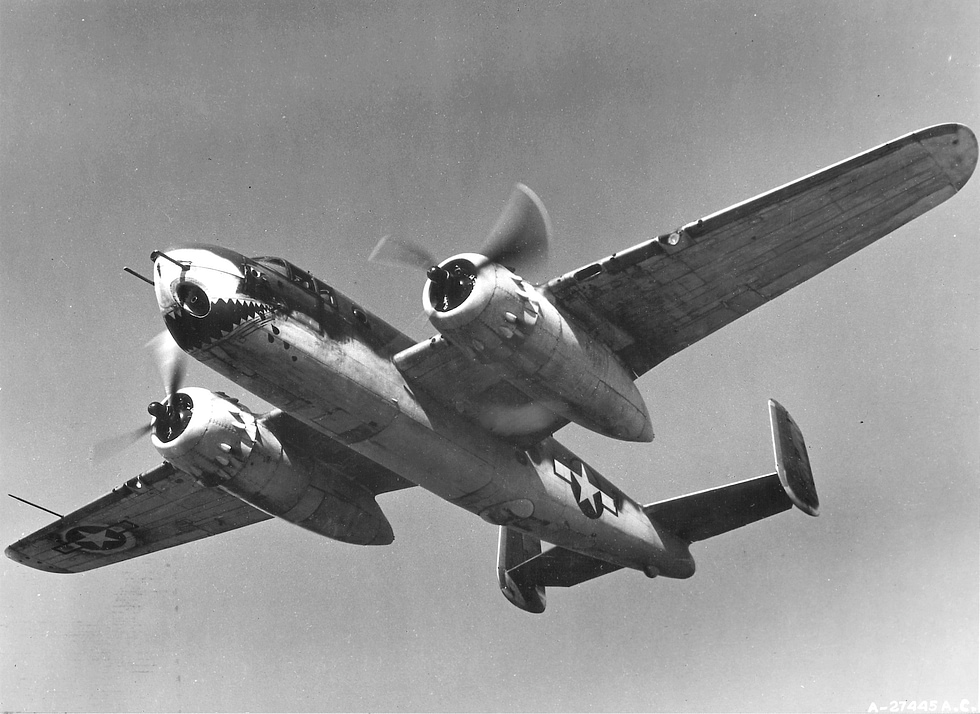 A B-25G Mitchell gunship the variant with a 75 mm cannon in a solid nose.