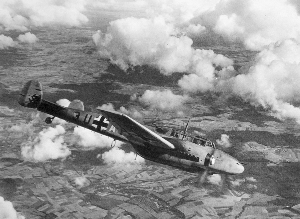 A Messerschmitt Bf 110C of ZG 26 in flight, circa 1940 the day Zerstrer in its element.