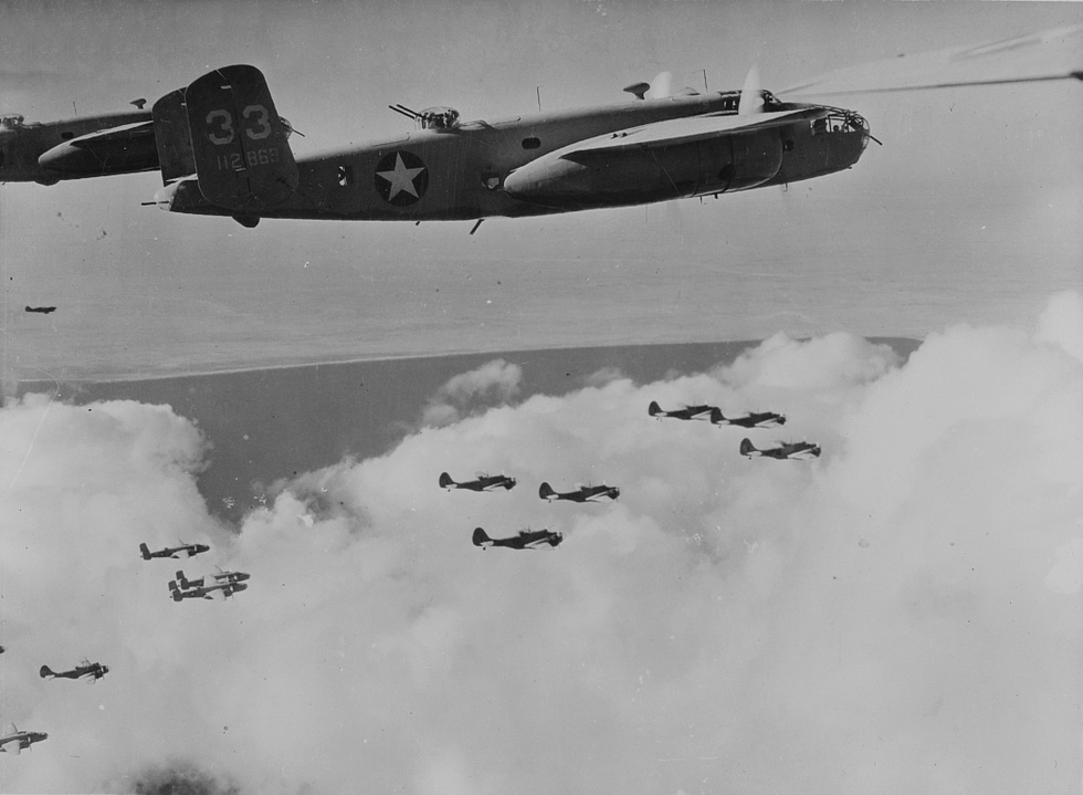 B-25 Mitchells over North Africa in 1943 the type also fought hard in the Mediterranean.