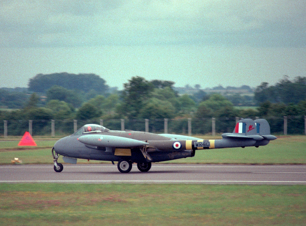 A de Havilland Venom in RAF markings landing at Fairford in 1987 one of the preserved airframes still flown at air shows.