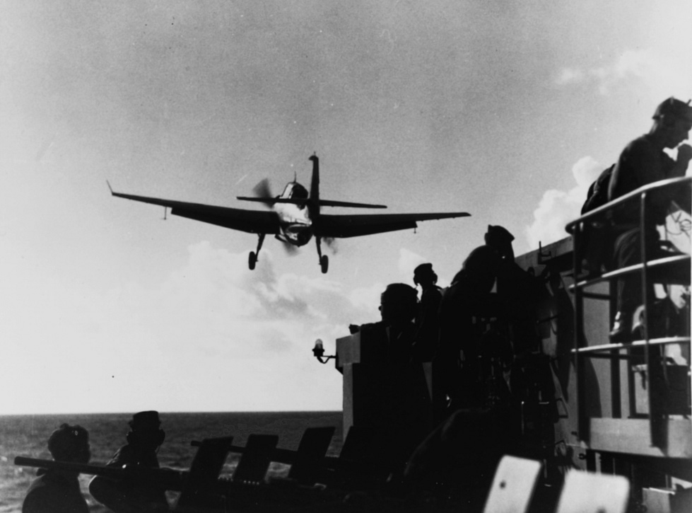 A TBM-1C Avenger of VT-51 launches from the light carrier USS San Jacinto, 1944.