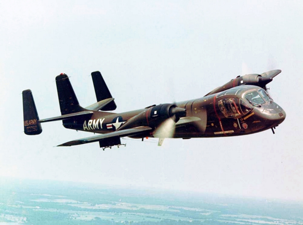 A U.S. Army OV-1 Mohawk banking in flight the Armys bug-eyed battlefield spy.