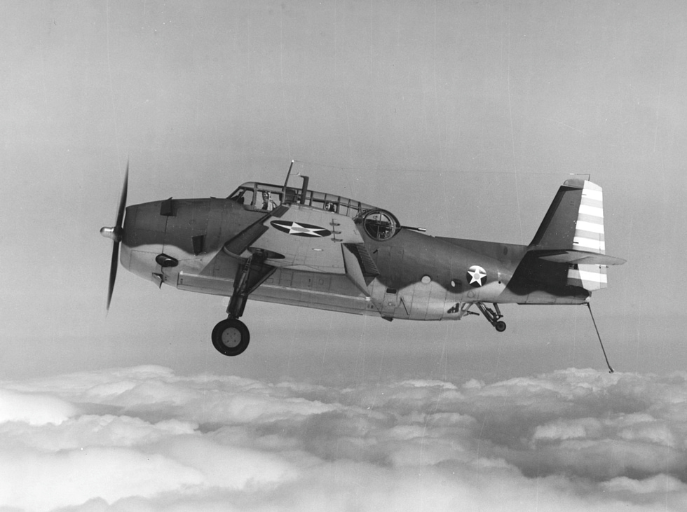 The first production TBF-1 Avenger in flight, 1942 a big, clean carrier torpedo bomber.