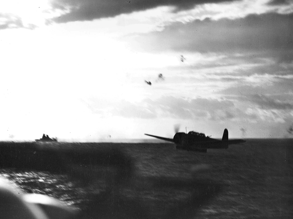 A Nakajima B6N Tenzan attacking low over the sea off Truk, April 1944.