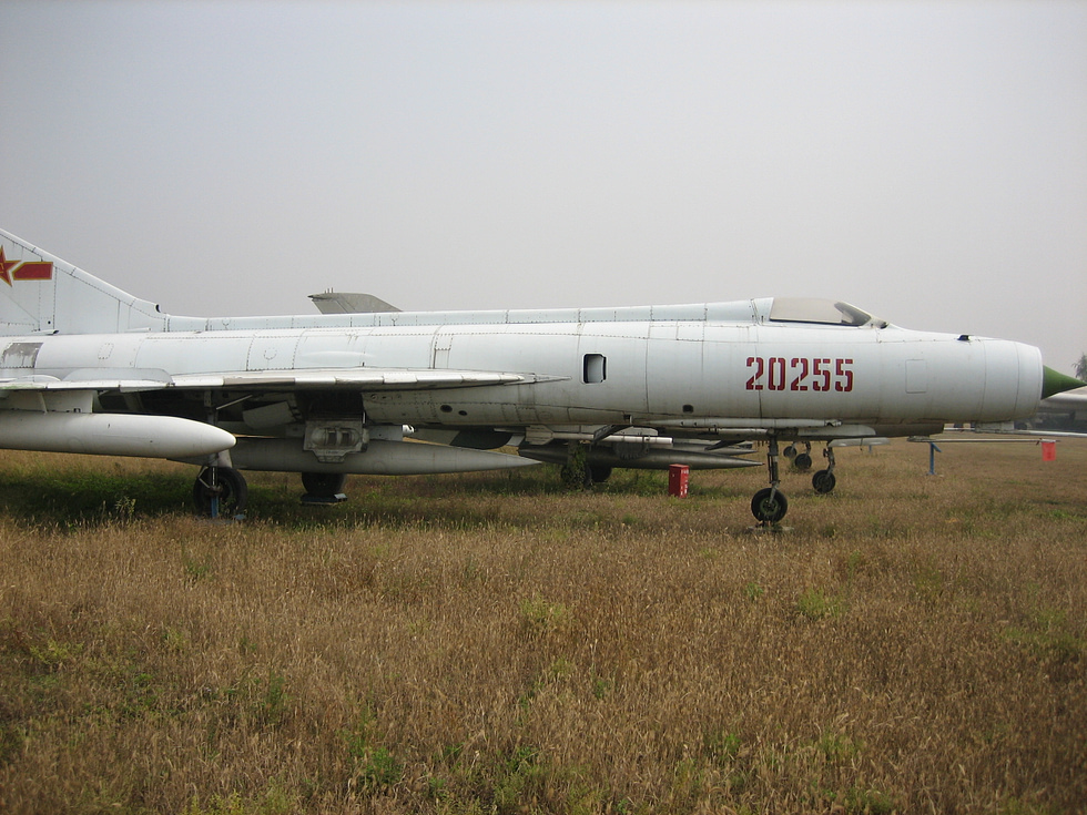 A preserved J-8 in the China Aviation Museum, showing the twin-engine tail of a stretched MiG-21 derivative.