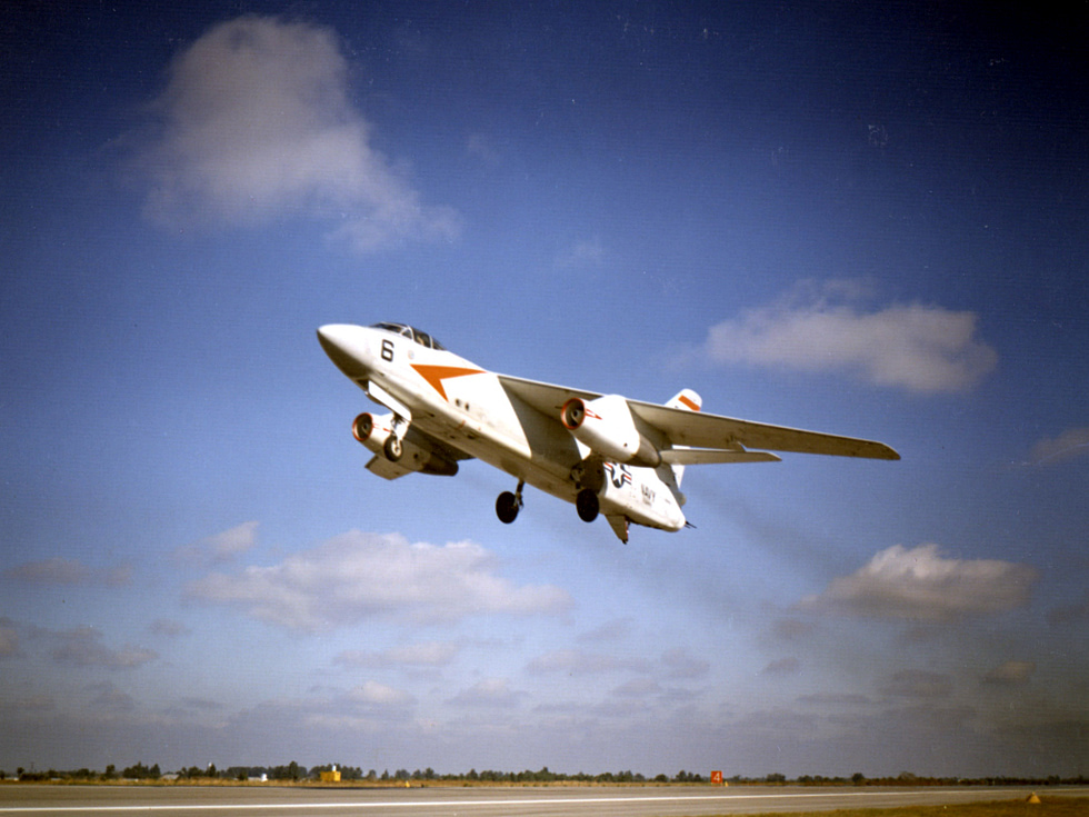 An A3D-1 of VAH-1 on takeoff, underside filling the frame the mammoth scale that earned the Whale nickname.