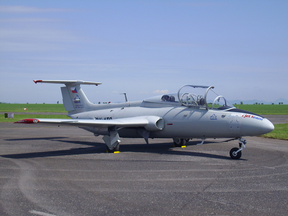 L-29 Delfns of the Czech Jet Team in formation the trainer in its civilian display life.