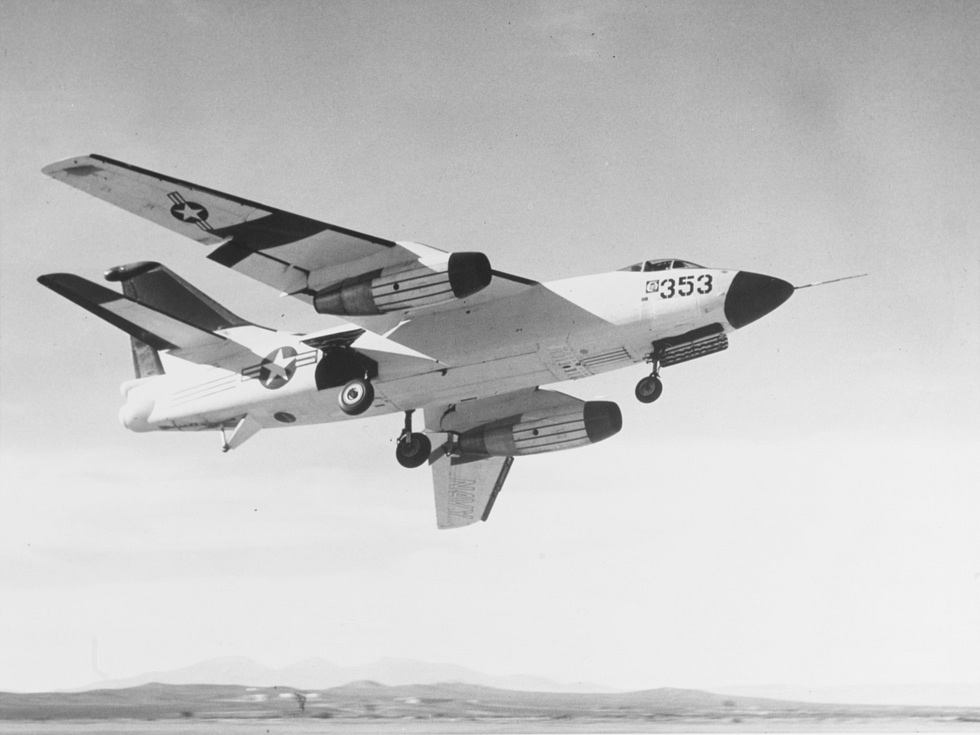 A Douglas A3D-1 Skywarrior banking in flight during 1950s flight tests the fastest, biggest bomber ever to fly from a carrier.