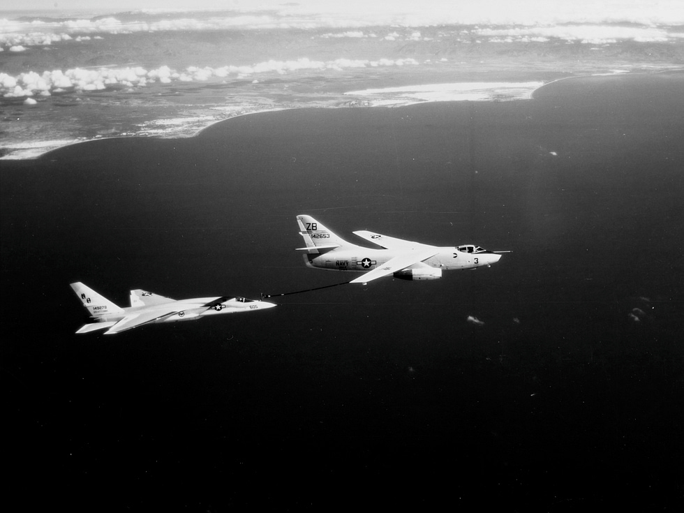 A KA-3B tanker of VAH-4 refuels an RA-5C Vigilante the Whales most valued second career, the flying gas station.