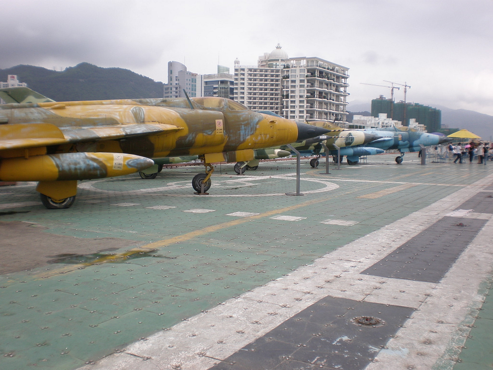 Three Nanchang Q-5s on display aboard the former carrier Minsk a clear view of the side intakes and nose profile.